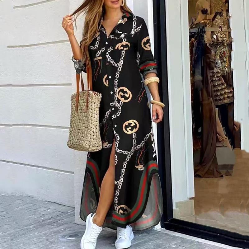 Moda Primavera e Autunno EastRogue Camicia Sexy Monopetto Gonna Lunga Abito Ampio con Revers