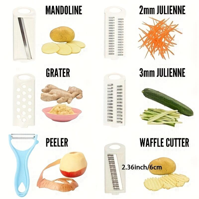 Rebanador de verduras multihoja 5 en 1, cortador multifuncional para rebanar, rallar y pelar, gadget de cocina práctico.