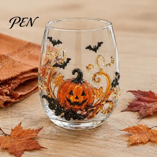 Clear Glassware for Kitchen Halloween Artisan Glassware, Stemless Drinking Glasses with Raised Pumpkin Ghost Black Cat Web School Water Drinkware