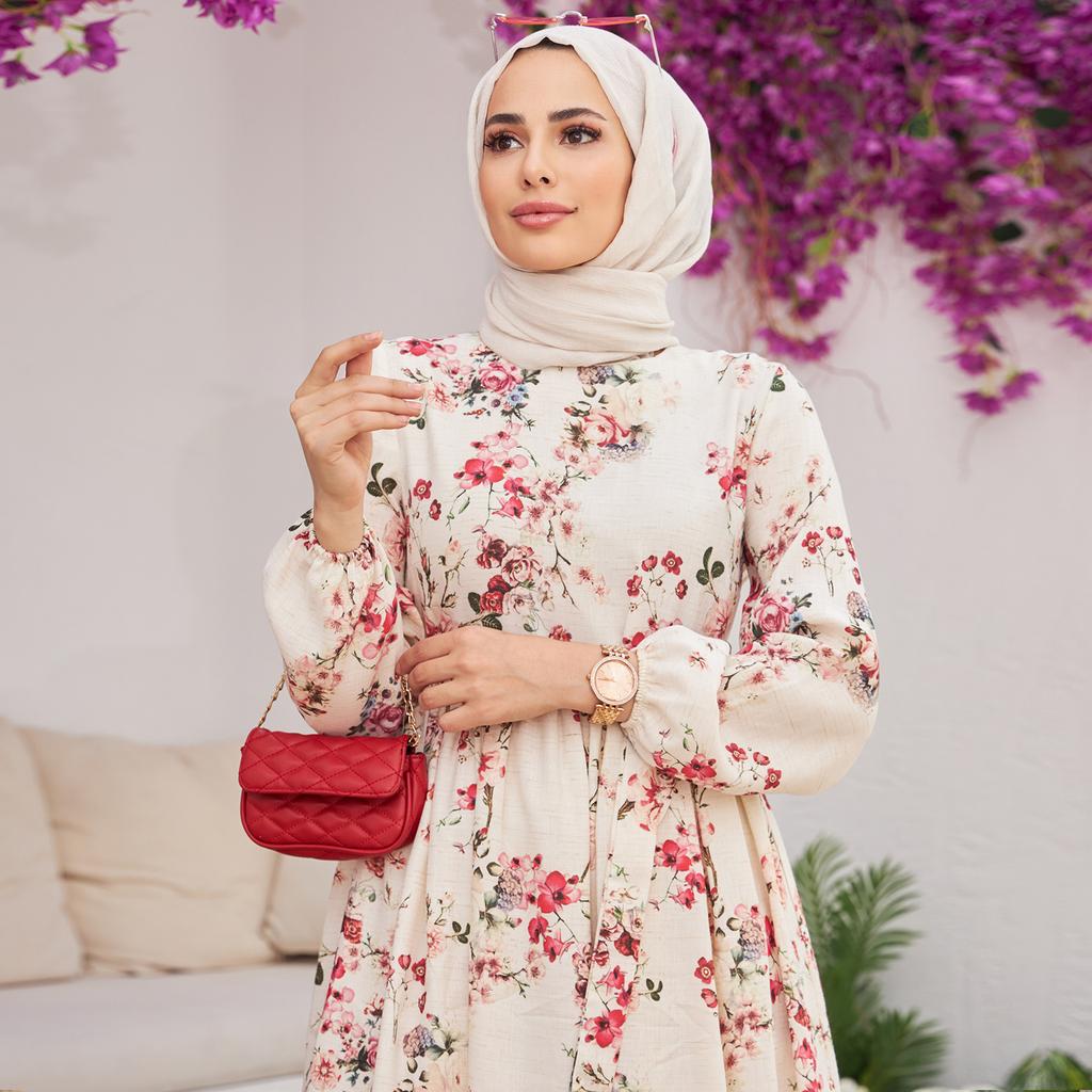 Rochie de in pentru femei cu model floral de vară, islamică, musulmană, cu mânecă lungă, Abaya cu brâu, căptușită sezon nou Fabricat în Turcia