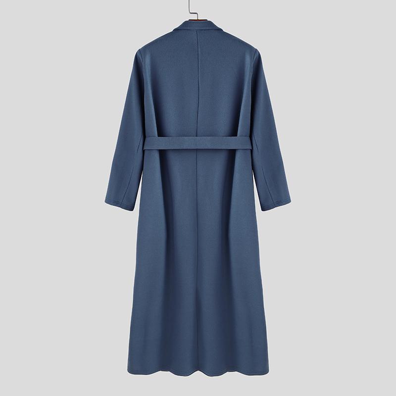 INCERUN Winter Autumn Men Long Sleeve Long Coat Belt Waist Casual Woolen Overcoat