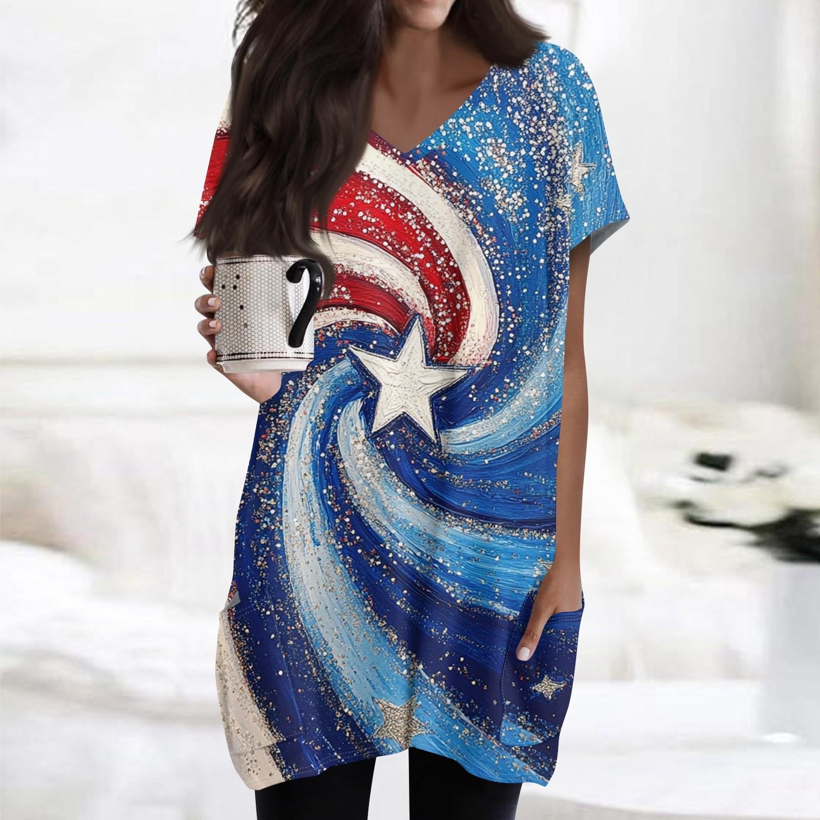 

Womens Tops V-neck Short Sleeve Blouses Casual Mid-length Shirts Fashion Independence Day Print Tunic Tops With Pockets L синий