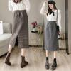 Women's Wool Houndstooth Fleece-Lined Midi Skirt - Autumn/Winter Thick Straight Slit Design