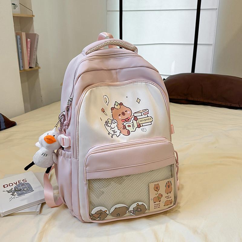 Capybara Cartoon Backpack For School Students With Breathable Nylon Material And Large Capacity