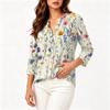 Women Cotton Linen Shirt Henley Button Neck Floral Print Three Quarter Sleeve Casual Blouse Lightweight Breathable Top