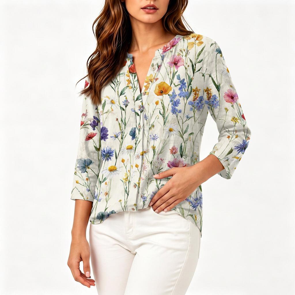 Women Cotton Linen Shirt Henley Button Neck Floral Print Three Quarter Sleeve Casual Blouse Lightweight Breathable Top