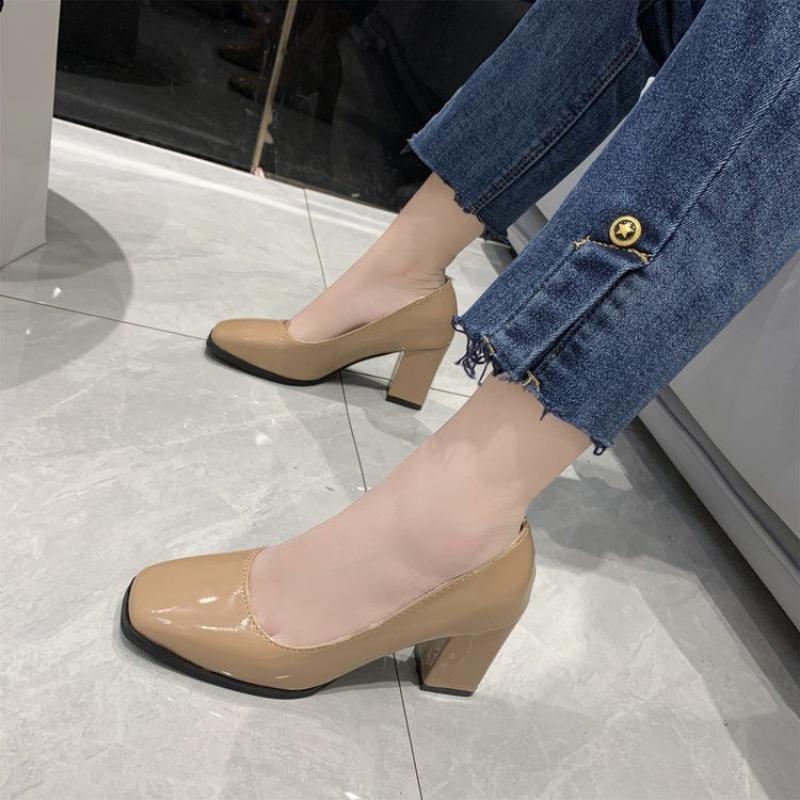 Women's Leather Shoes High Heels Elegant Thick Heel Square Toe Slip-on Shoes