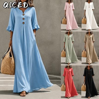 Fashion Summer Spring Solid Color Print V-Neck 3/4 Sleeves Casual Dresses