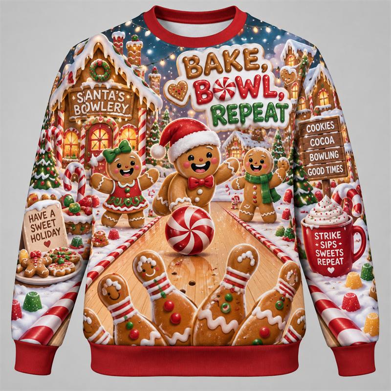 Christmas Bowling Unisex Sweatshirt Santa Snowman Reindeer Gingerbread Gnome Crewneck Xmas Pullover Holiday Sports Party Gift Fun Top