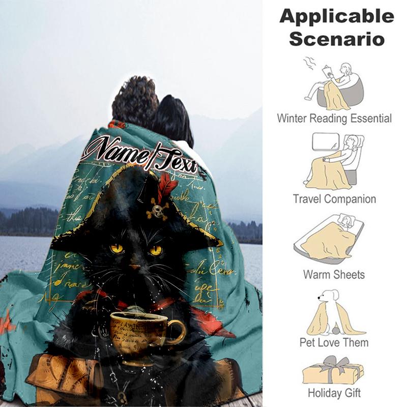 1PC Custom Name Pirate Cat Coffee outdooor Flannel blankets Throw Blanket All-Season Throw Gift Bedspread for Couch, Bed, Camping Holiday Birthday gif