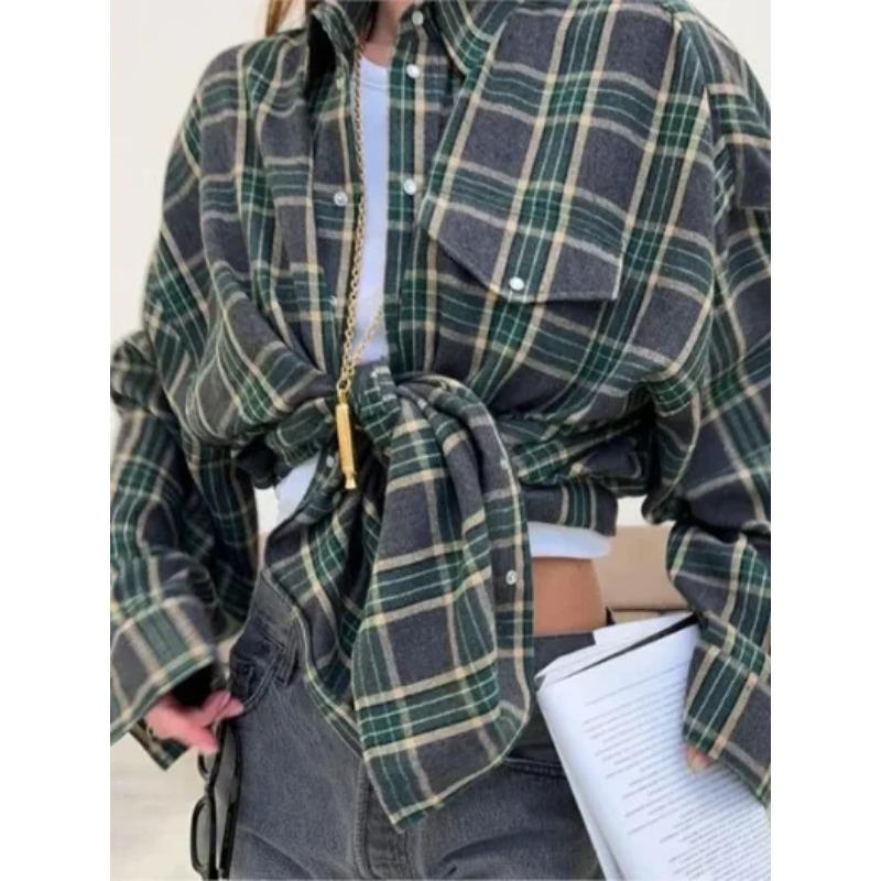 

Рубашка в клетку весна осень женская винтажная с длинным рукавом модная свободная рубашка с карманом на лацкане блузка корейский стиль L темно-зеленого