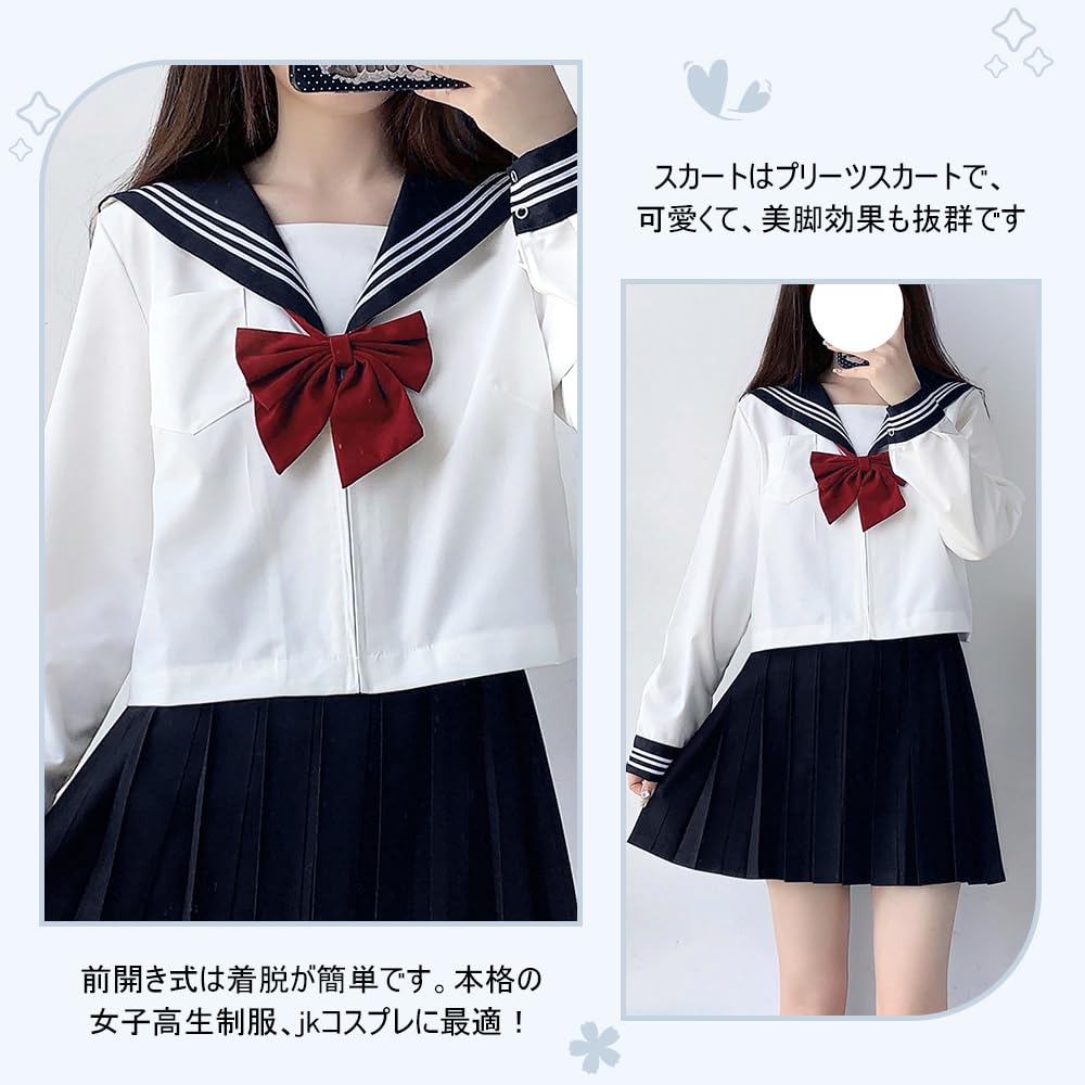 GSYCL Sailor Authentic Navy Blue with Red Long Short High School JK Pleated Traditional Perfect for Plus Cute Sleeve Size Uniform, Bow, Sleeves,