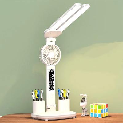 Lámpara de mesa con ventilador para estudiantes, lámpara de escritorio LED con portalápices, luz nocturna táctil multifuncional, recargable