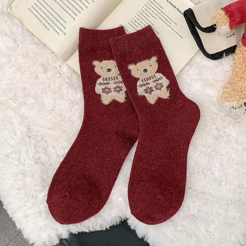 Wool Socks Children'S Medium Tube Socks Season Warm, Piled And Thickened To Keep Warm Cute Cartoon Flocked Bear Stockings Women