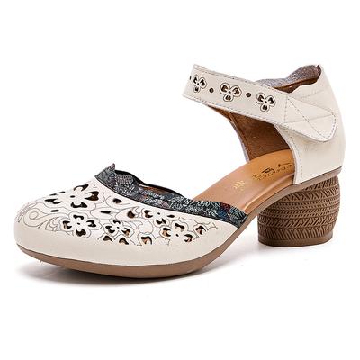 GKTINOO 2025 Neue Damen Sandalen Sommer Echtes Leder Ausgehöhlt Dicke Absätze Sandalen Retro Rutschfest Runde Zehenpartie Lässige Weiche Sohle Schuhe
