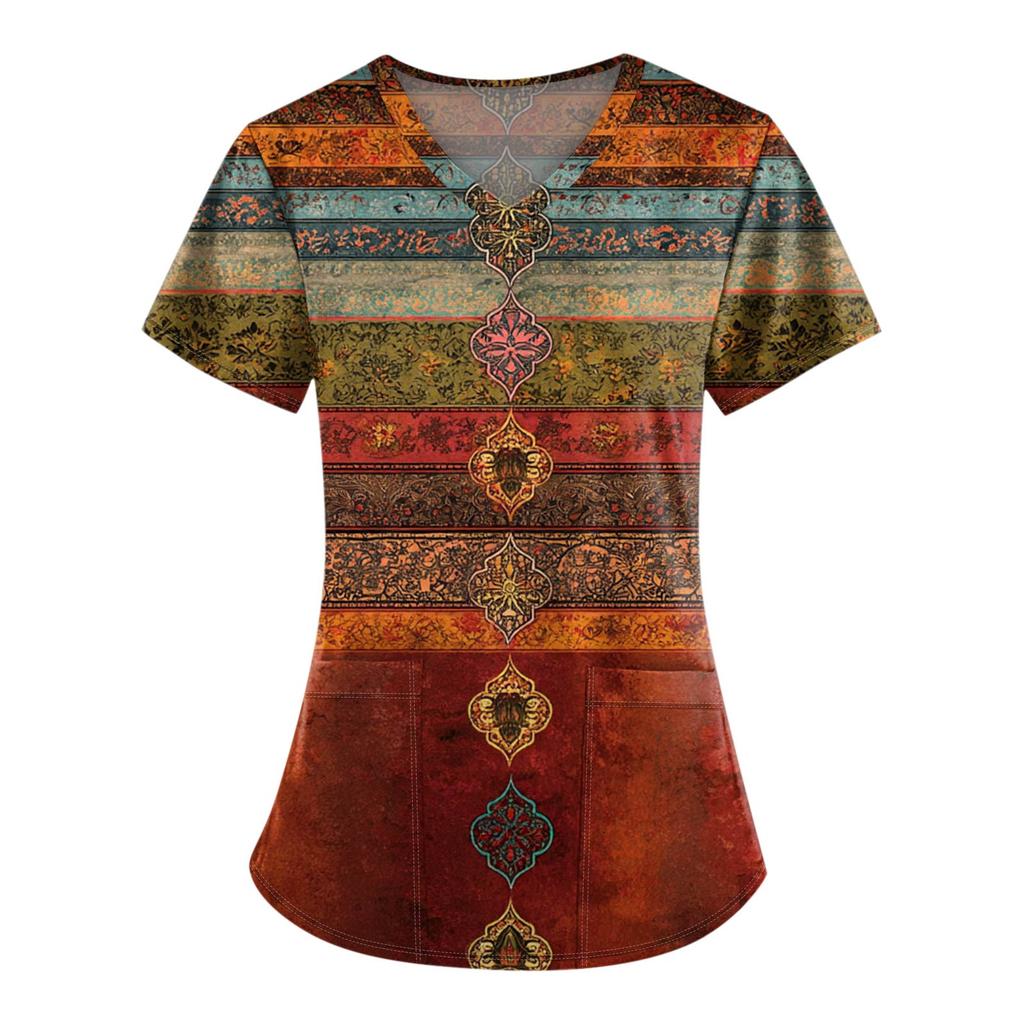 Plus Size Printed Scrub Working Uniform Tops For Women's V-Neck Print Short Sleeve Fun T-Shirts Workwear Tee With Pockets
