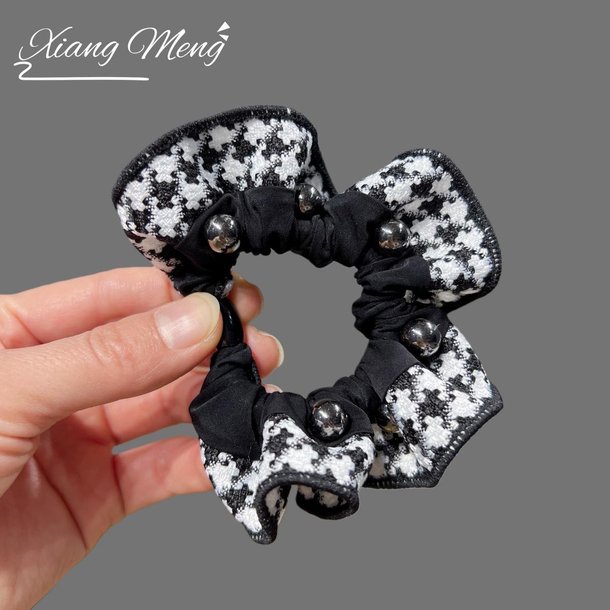 Houndstooth Pearl Ruffled Lace Hair Tie – Elegant Ponytail Rubber Band
