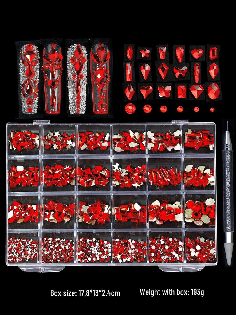 Iridescent Nail Art Rhinestone Set: 24 Grids of Mixed Super Sparkle Flat-Back Rhinestones in Special Shapes with Box Packaging.