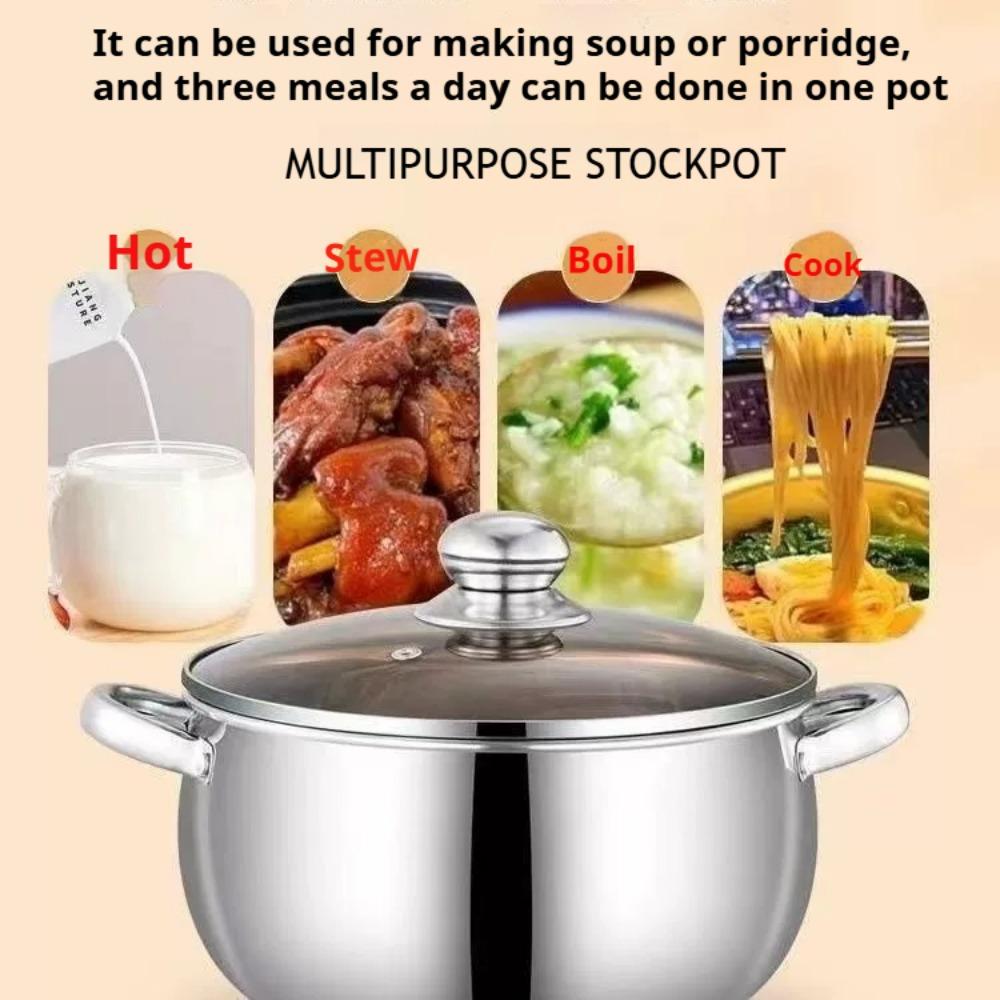 Stainless Steel Stock Pot with Glass Lid 5L Gas Stove Induction Dishwasher Safe Use Heatproof Handles Prevents Spills