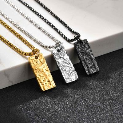 PN-2194 Geometric Pendant with Black Stainless Steel Rectangular Pleated Texture Design