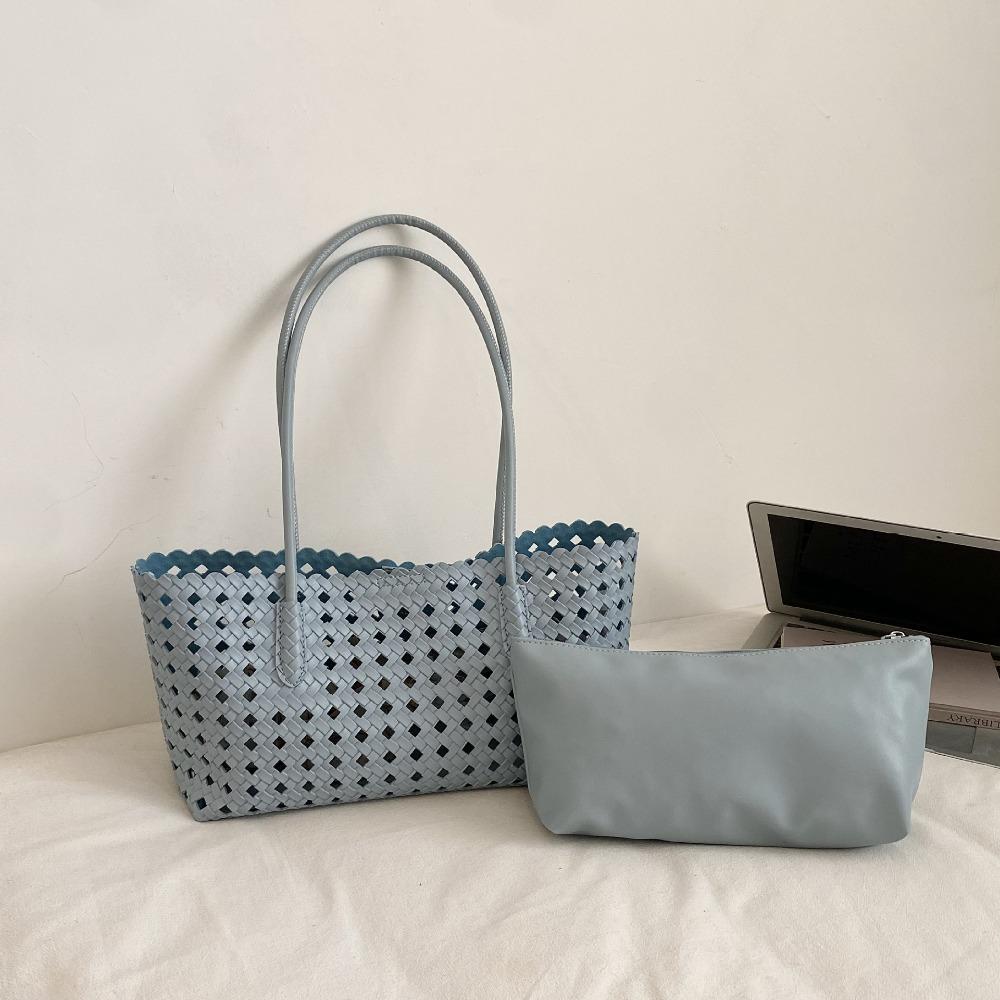 

Fashion Leather Woven Tote Bag Foldable Beach Handbag Sweet Woven Handbag Beach синий
