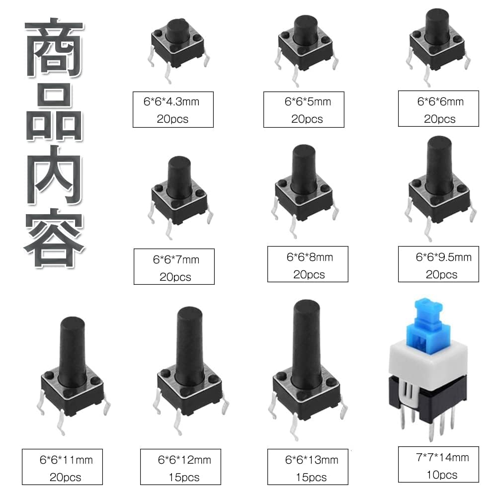 Parishop Drucktaster, Touchschalter-Set, 10 Typen, 180 Stück, 4-Pin-Drucktaster