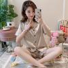 Solid color ice silk pajamas women's long-sleeved cardigan simulation silk spring summer loungewear women's autumn suit breathable