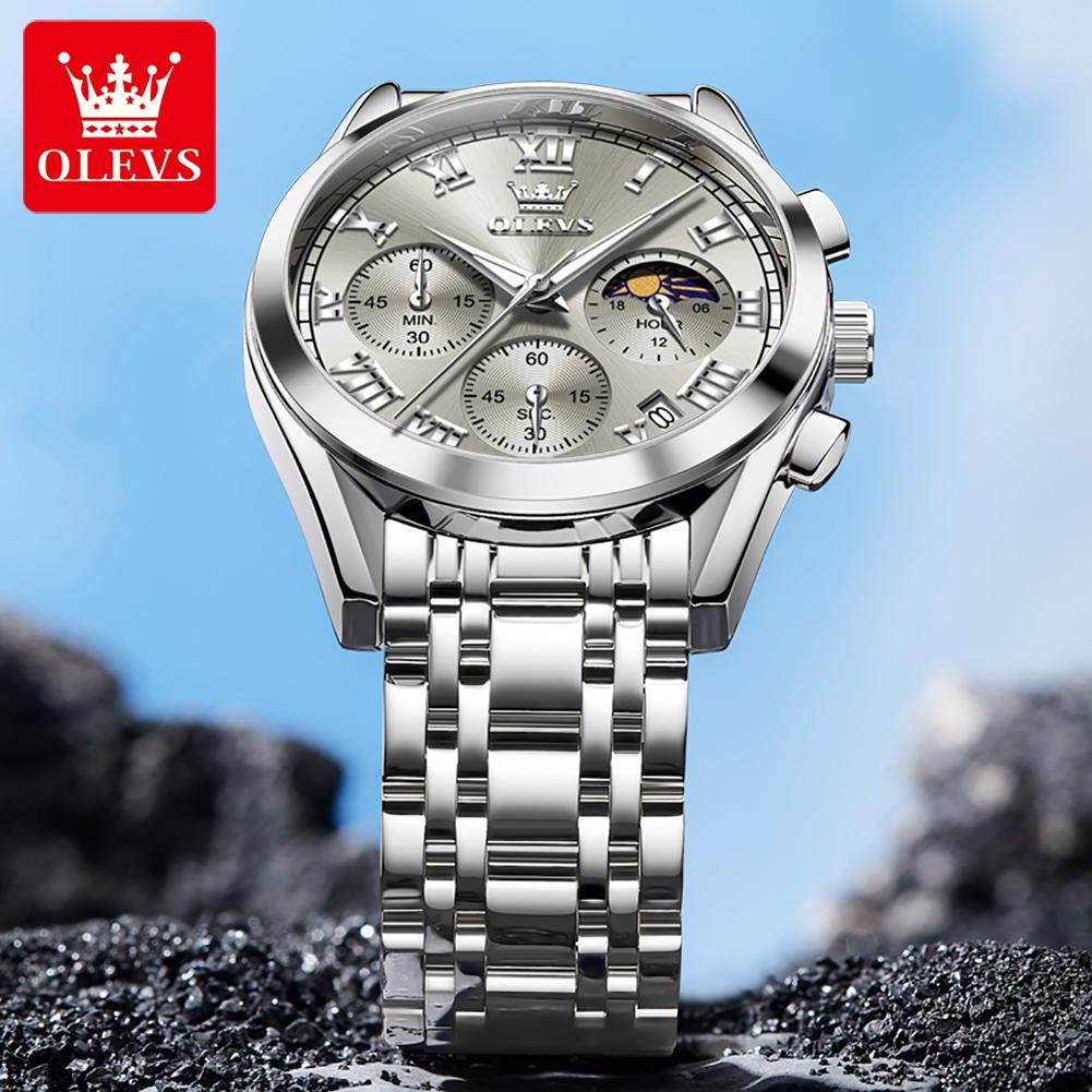 OLEVS Herrenuhr Original Mode Luxusmarke Wasserdicht Leuchtend Quarz Uhr Mondphase Automatisches Datum Uhren für Männer Chronograph