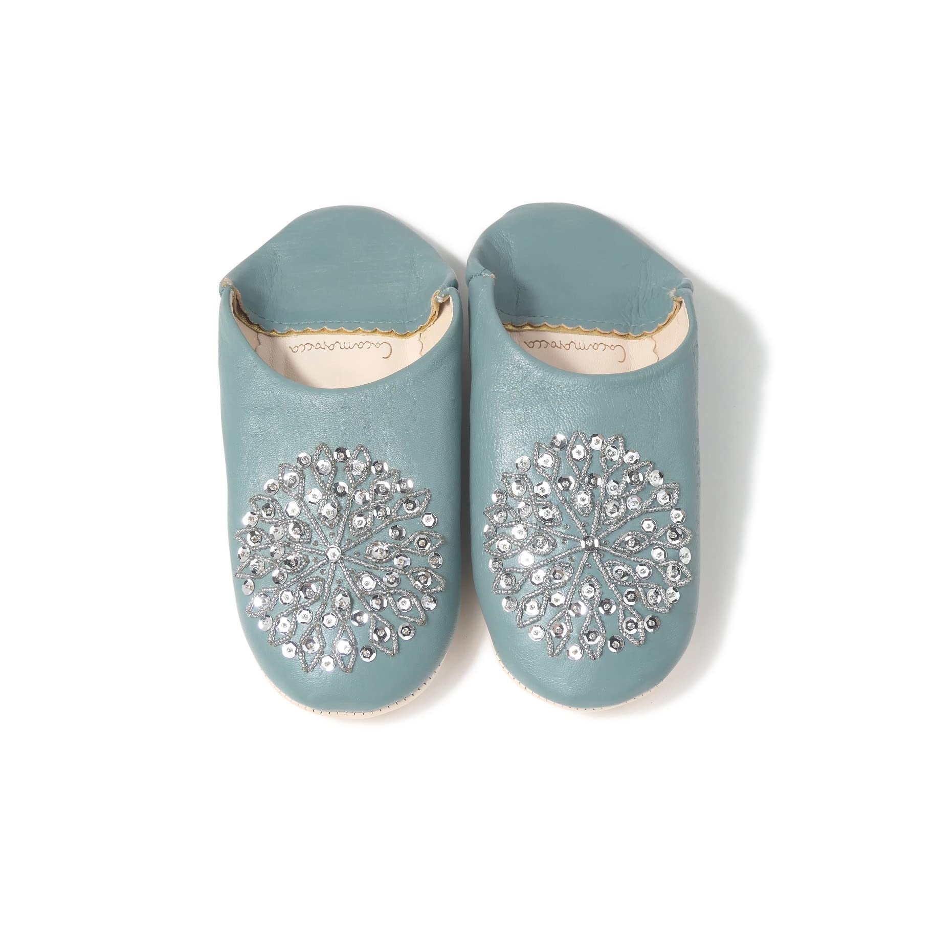 

Odorless Leather Babouche Slippers Moroccan Room Shoes [cocomorocco] (Silver Sequins) (Aqua Green, 23-Point Measurement, 0-Centenometer)
