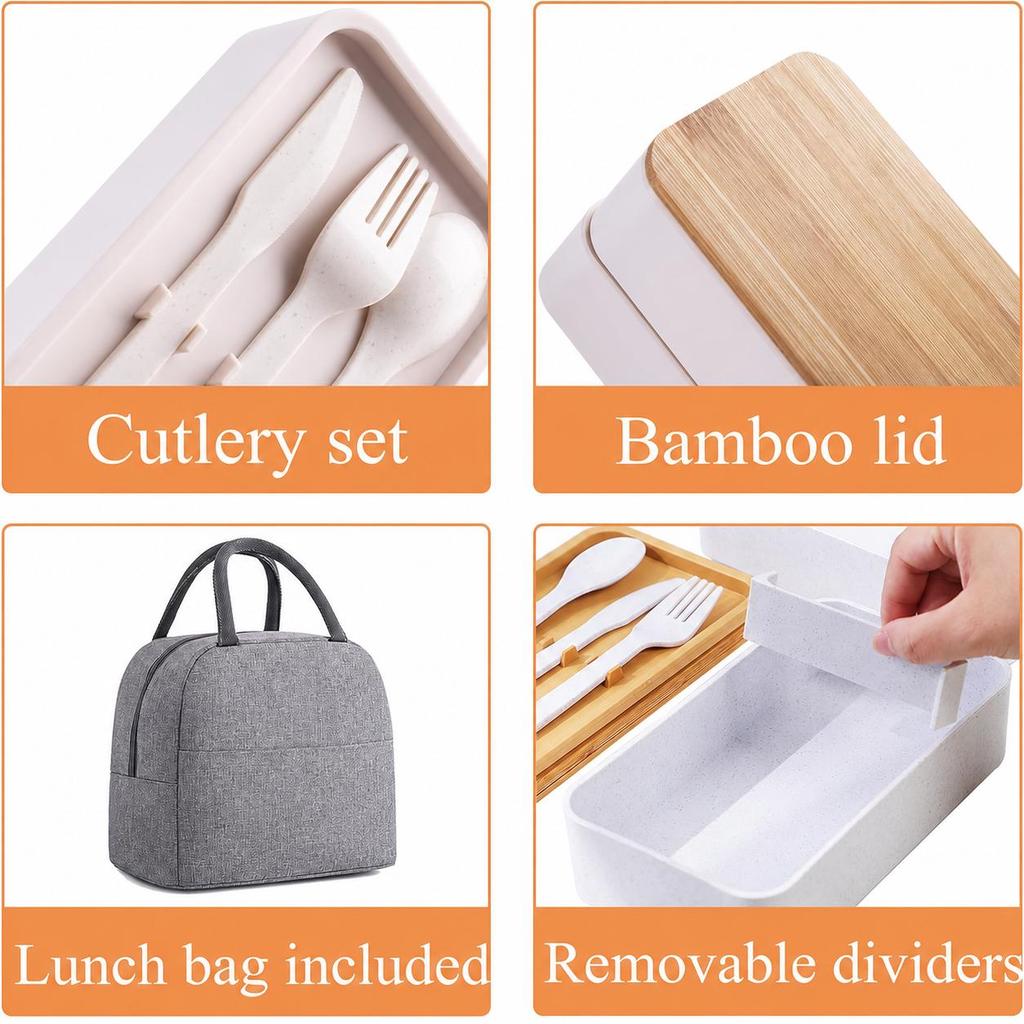 White Double Layer Wood Grain Bento Box Microwave Safe Large Capacity Lunch Container with Thermal Bag