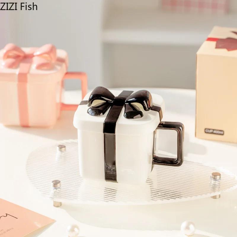 Creative Gift Box Shape Mug Ceramic Water Cup Couple Afternoon Tea Coffee Cup Set Nordic Home Breakfast Milk Cup Girlfriend Gift
