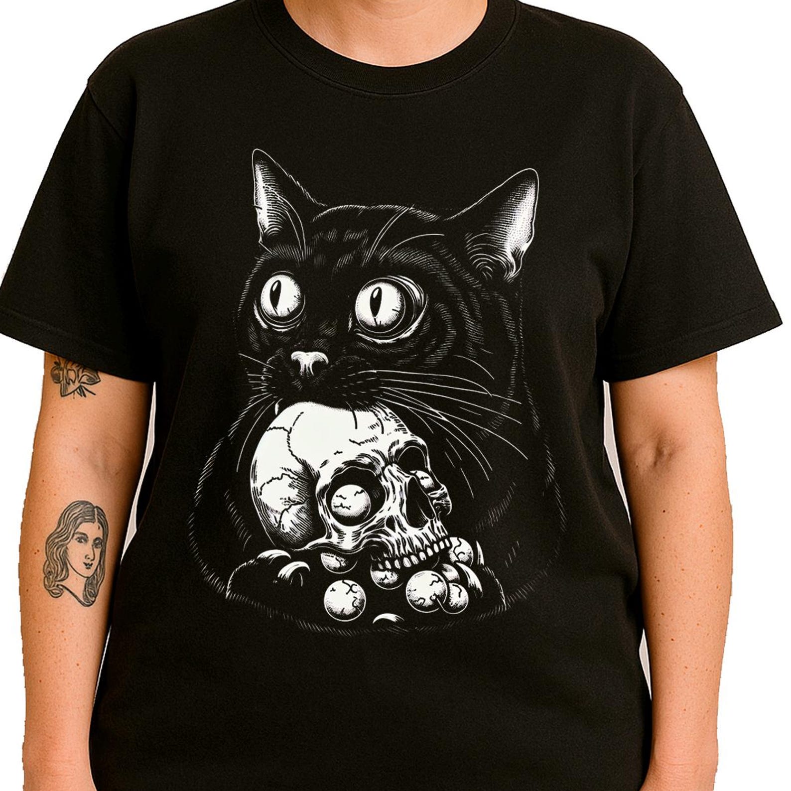 Odd Gothic Black Cat T-Shirt | Creepy Feline Skull Tee | Dark Fantasy Horror Gift S