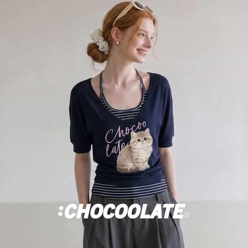 CHOCOOLATEit Cat Print T-Shirt & Halter Vest Set L
