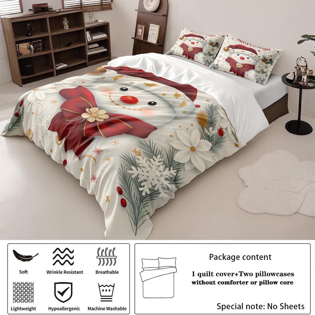 3Pc Christmas Snowman Printed Bedding Set  Coreless Soft Comfortable Multiple Sizes Machine Washable 1 Duvet Cover 2 Pillowcases