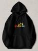 Black Pullover Hoodie with Colorful Heartbeat Line and House Graphic Casual Long Sleeve Sweatshirt for Daily Wear