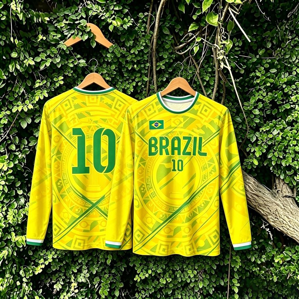 Brazil Long Sleeve Football Jersey, Retro All Over Print Soccer Training Shirt, No.10 Sport Fan Top For Men S