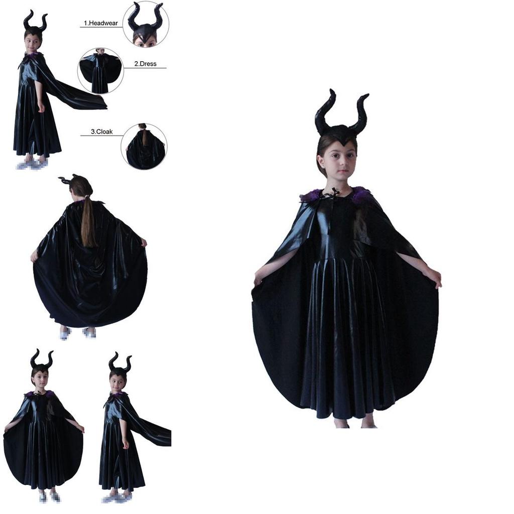 Captivating Maleficent Sorceress Evil Queen Girls Fancy Dress Halloween Costume With Horned Headwear