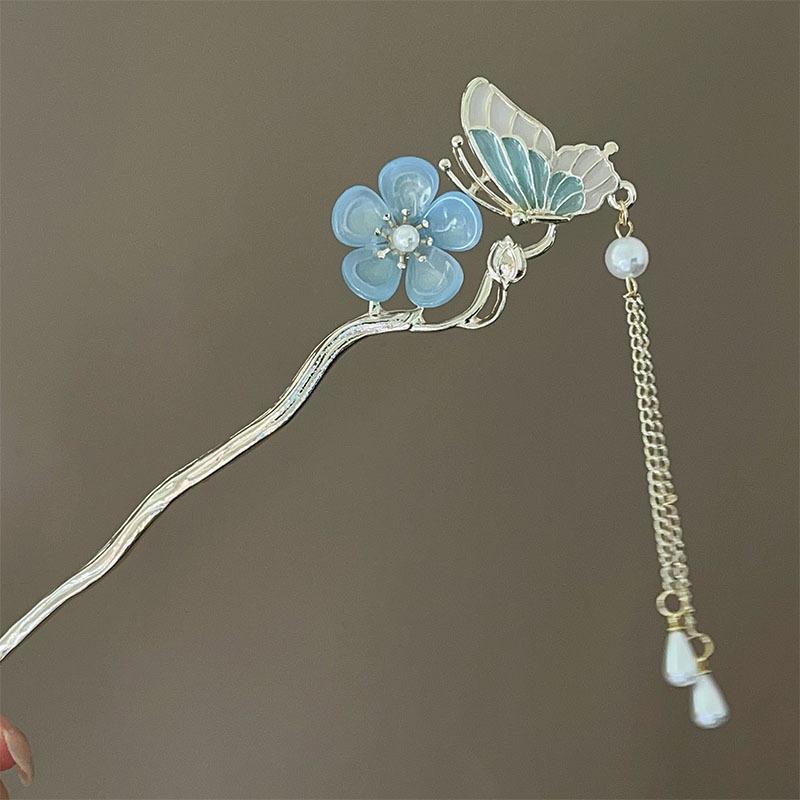 Pink/White/Blue Flower Hair Sticks Gold Color Alloy Hair Pin Ancient Chinese Floral Headpieces Pearls Pendant Hair Jewelry