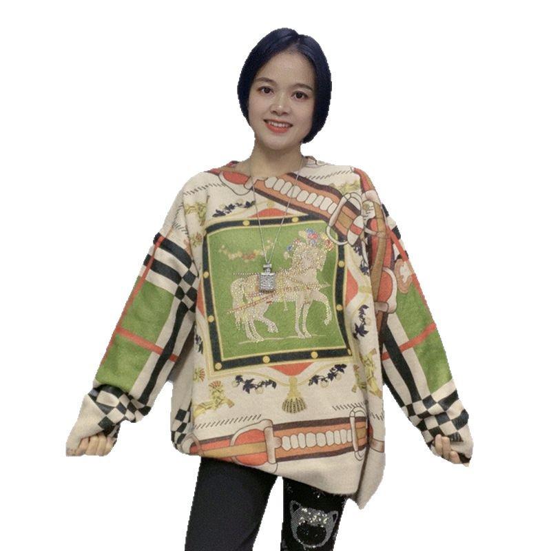 New Arrival Plus Size Rhinestone Sweater: High-End Hermes Print, Slimming Knit Top for Autumn/Winter 2025