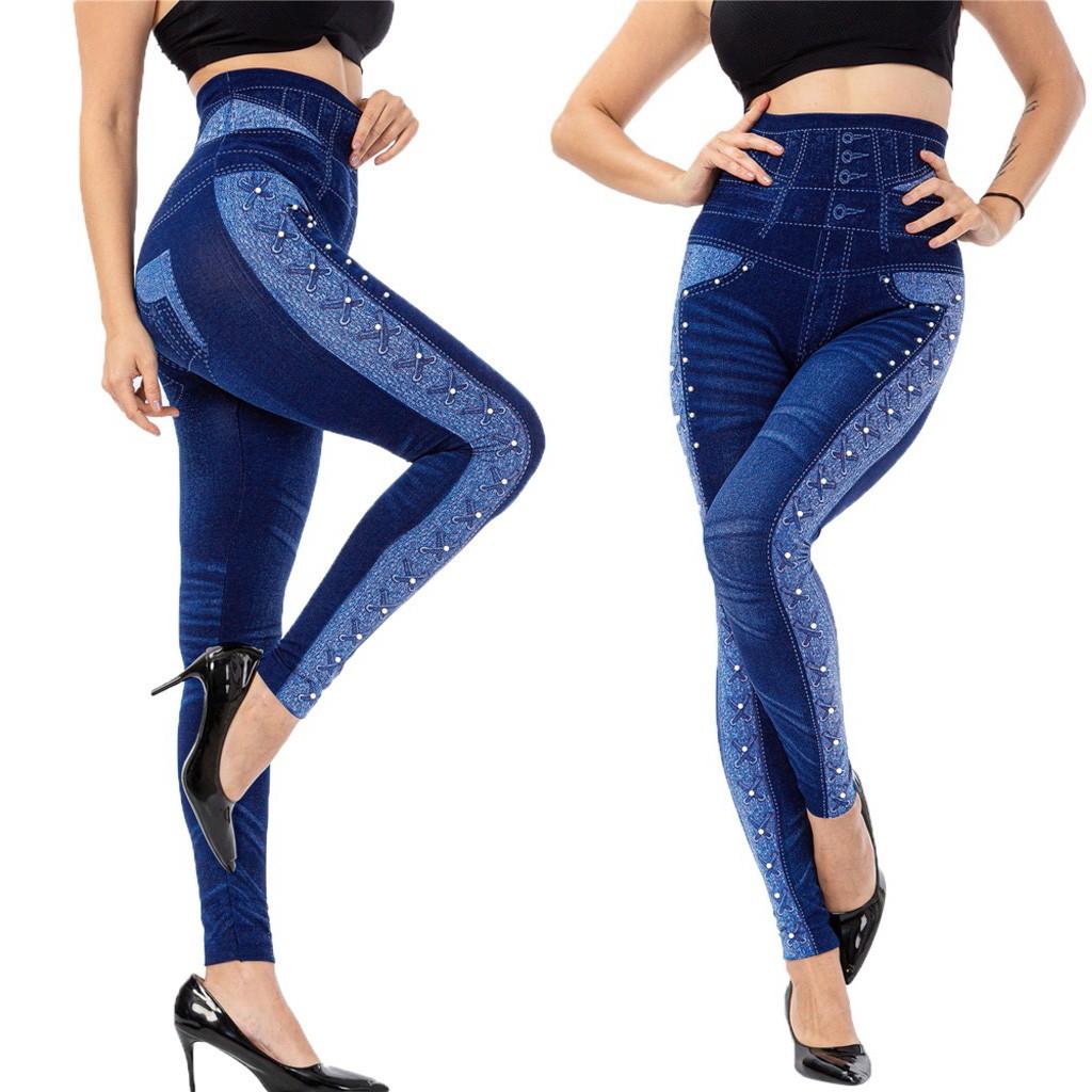 

Women s Casual Imitation Cowboy Leggings Bead High Elasticity Slim Cropped Pants S синій