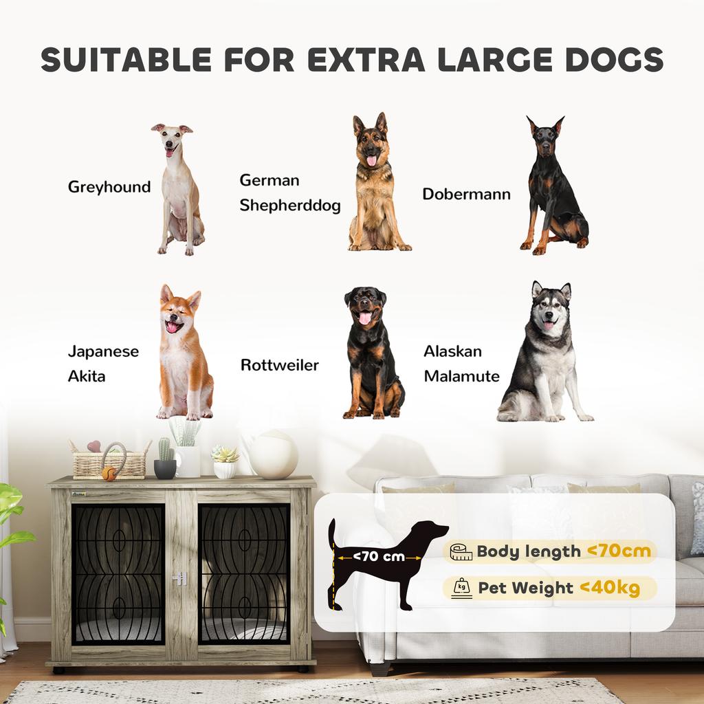 Indoor Dog Crate Furniture End Table With Soft Washable Cushion Lockable Front Door For Extra Large Dogs Grey