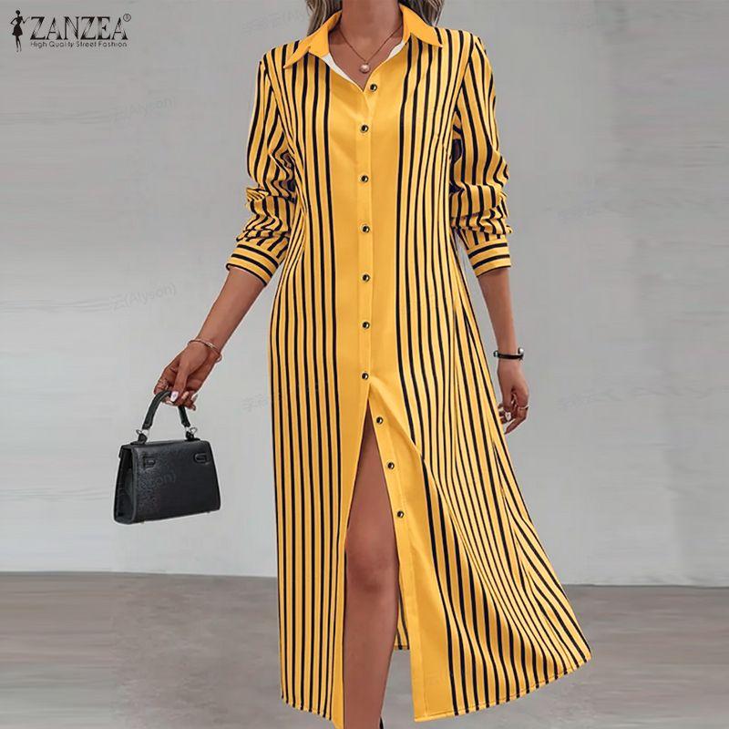 ZANZEA Women Casual Turn Down Collar Long Sleeve Stripe Dress