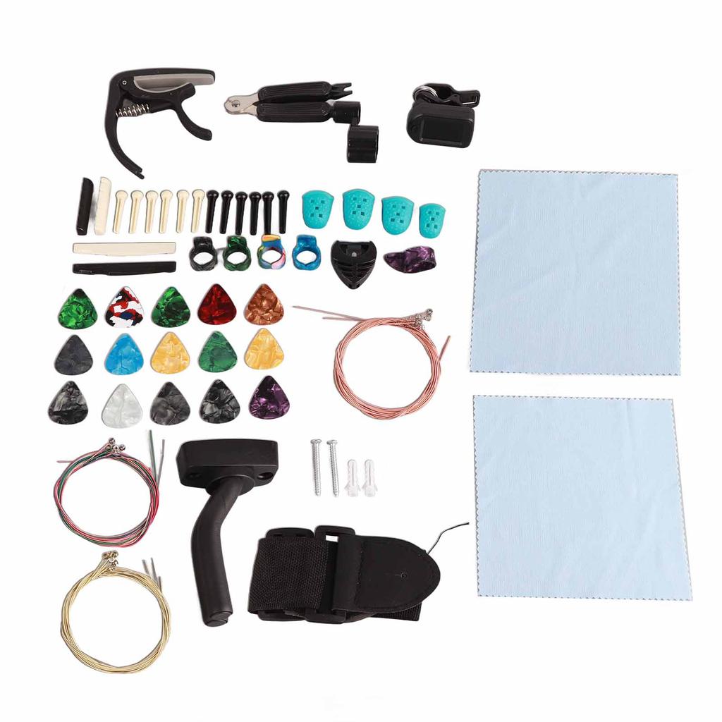 66Pcs Guitar Accessories Kit Guitar String Wall Mount Bracket Strap Tuner Picks Index Finger Plectrums Pins Set