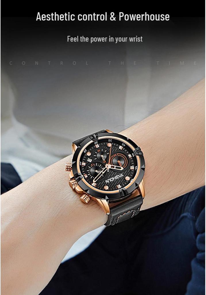 Men's Multi-functional Quartz Sports Watch with Genuine Leather Band