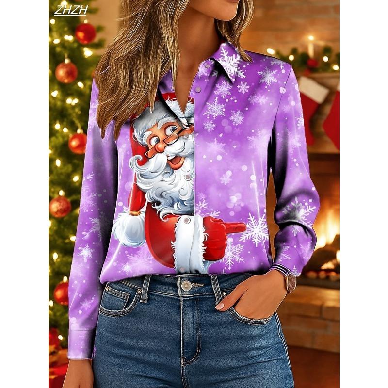 Christmas Women's Shirt Graphic Santa Claus Elegant Vintage Tropical Long Sleeve Shirt Collar Regular Tops Daily Holiday Winter