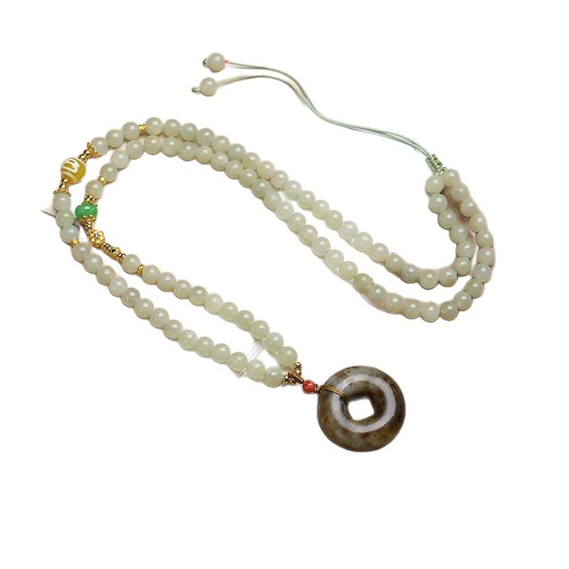 Hetian Jade Beaded Ping An Kou Pendant Necklace - Unisex Wenwan Style