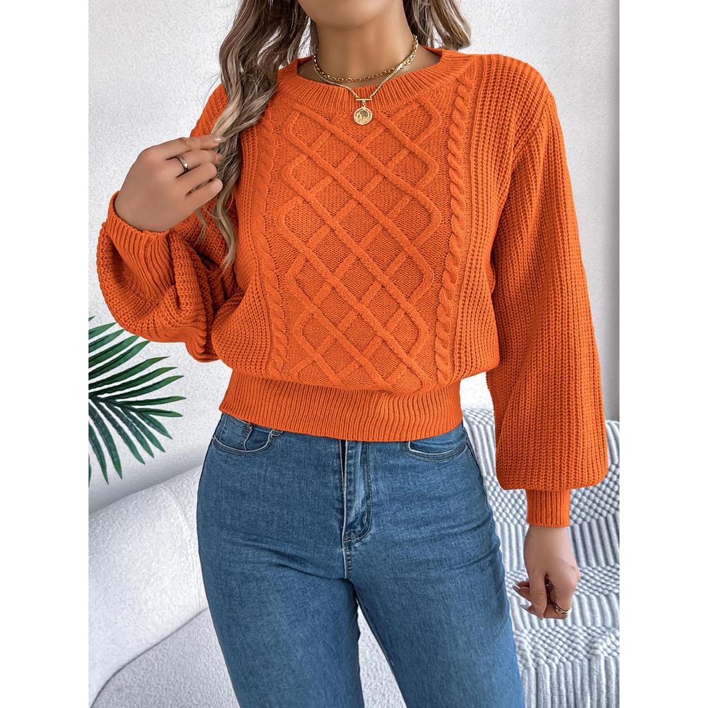 Women's Solid Color Round Neck Lantern Long Sleeve Knitted Sweaters Autumn Winter Clothes