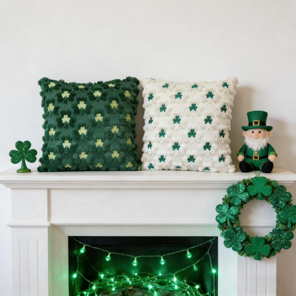 Household Tufted St. Patrick'S Day Cushion Cover Embroidery Square Lucky Clover Pillowcase Zipped Throw Pillow Cover Bed Room