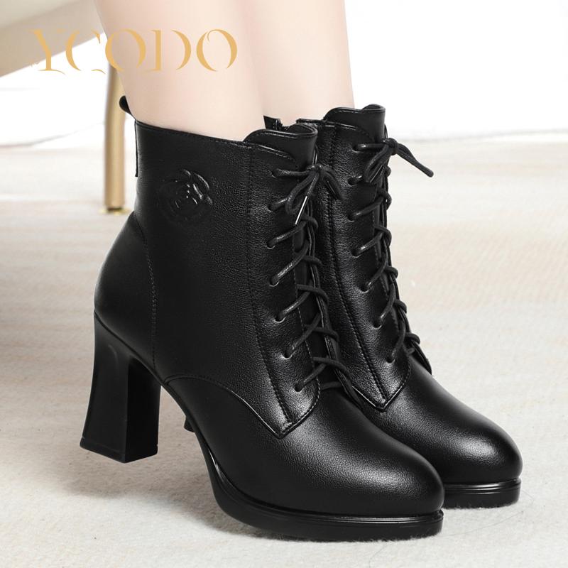 Женские осенние и зимние удобные кожаные ботинки на высоком каблуке — фото 3