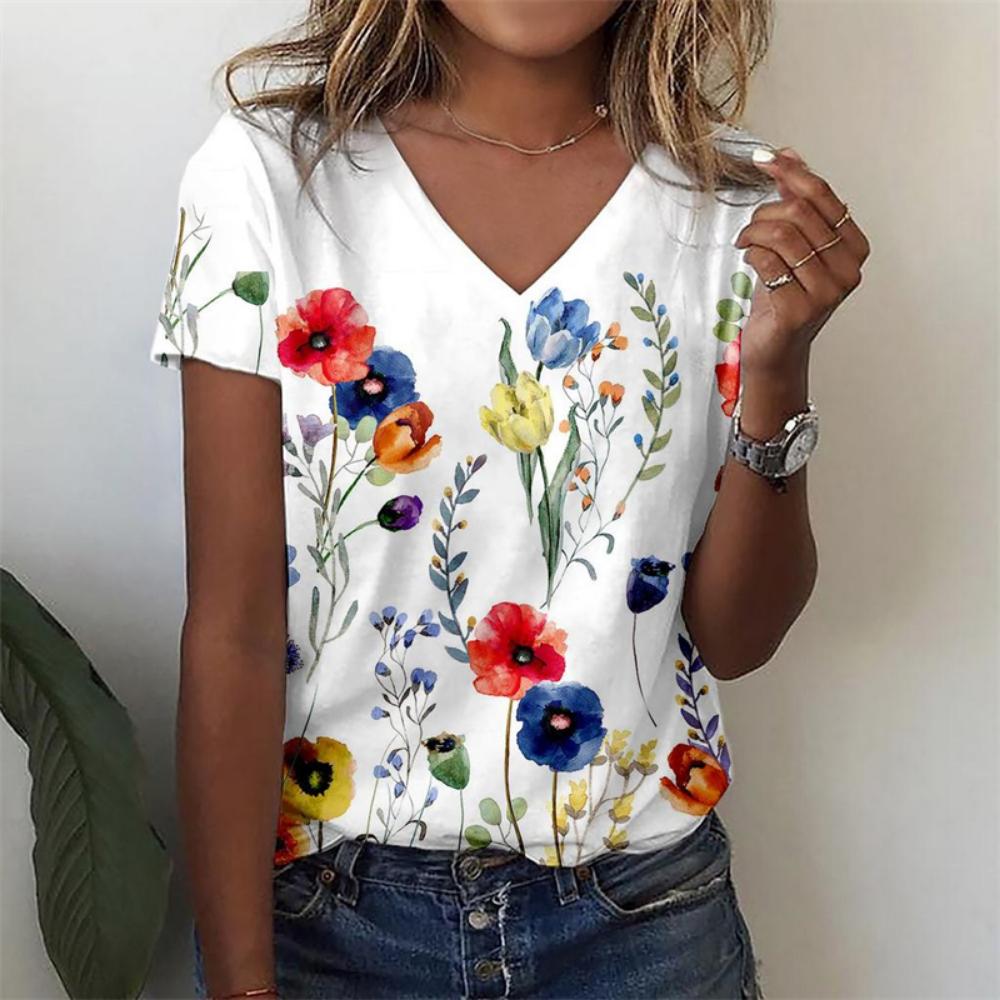 

Summer Women T-Shirts 3D Butterfly Floral Print Short Sleeve V Neck Tee Large Size Women Girls Clothing Y3k T-Shirt Streetwear 3XL